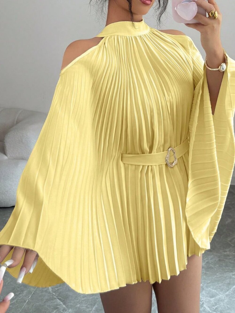 Yellow Casual Women's Elegant Vacation Cinched Waist Midi Flare Sleeve Shirt Top